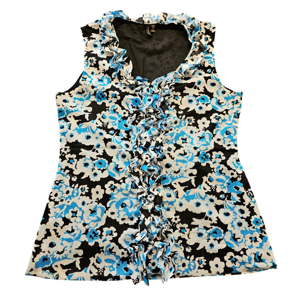 Madison Womens Blue Floral Ruffle Mesh‎ Sleeveless Blouse Top Small